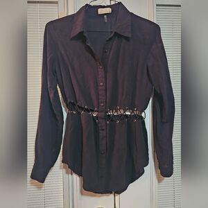Love Tree Black Collared Button Up Blouse W/ Criss Cross Lace Detail
